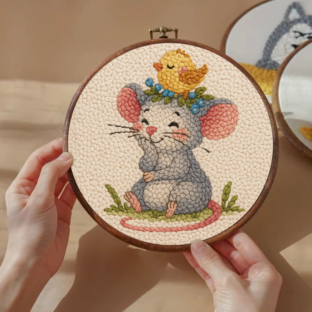 Smiling Mouse With Chick Punch Needle Kit - Adorable Animal Craft For Child | Nice Birthday Handicraft - image 4