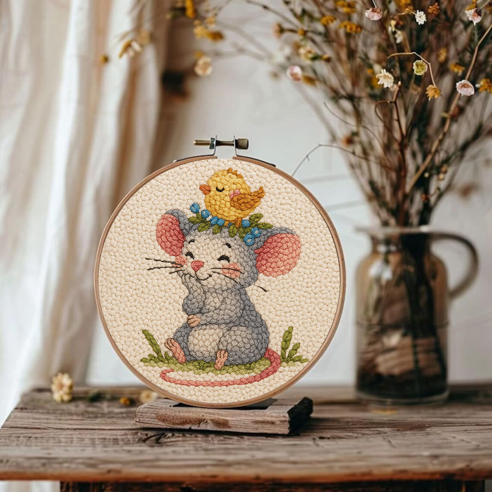 Smiling Mouse With Chick Punch Needle Kit - Adorable Animal Craft For Child | Nice Birthday Handicraft - image 7