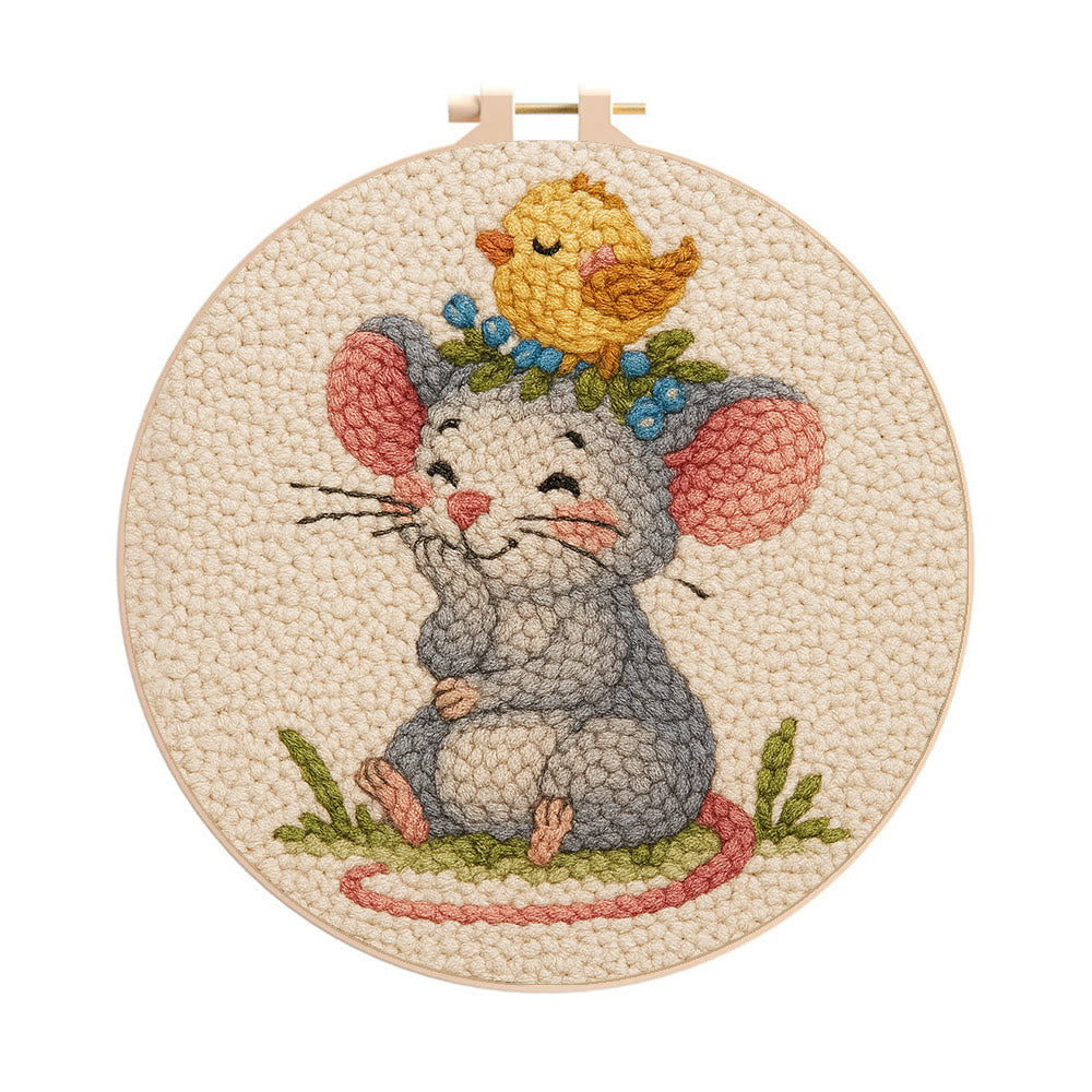 Smiling Mouse With Chick Punch Needle Kit - Adorable Animal Craft For Child | Nice Birthday Handicraft - 20cm*20cm - image 0