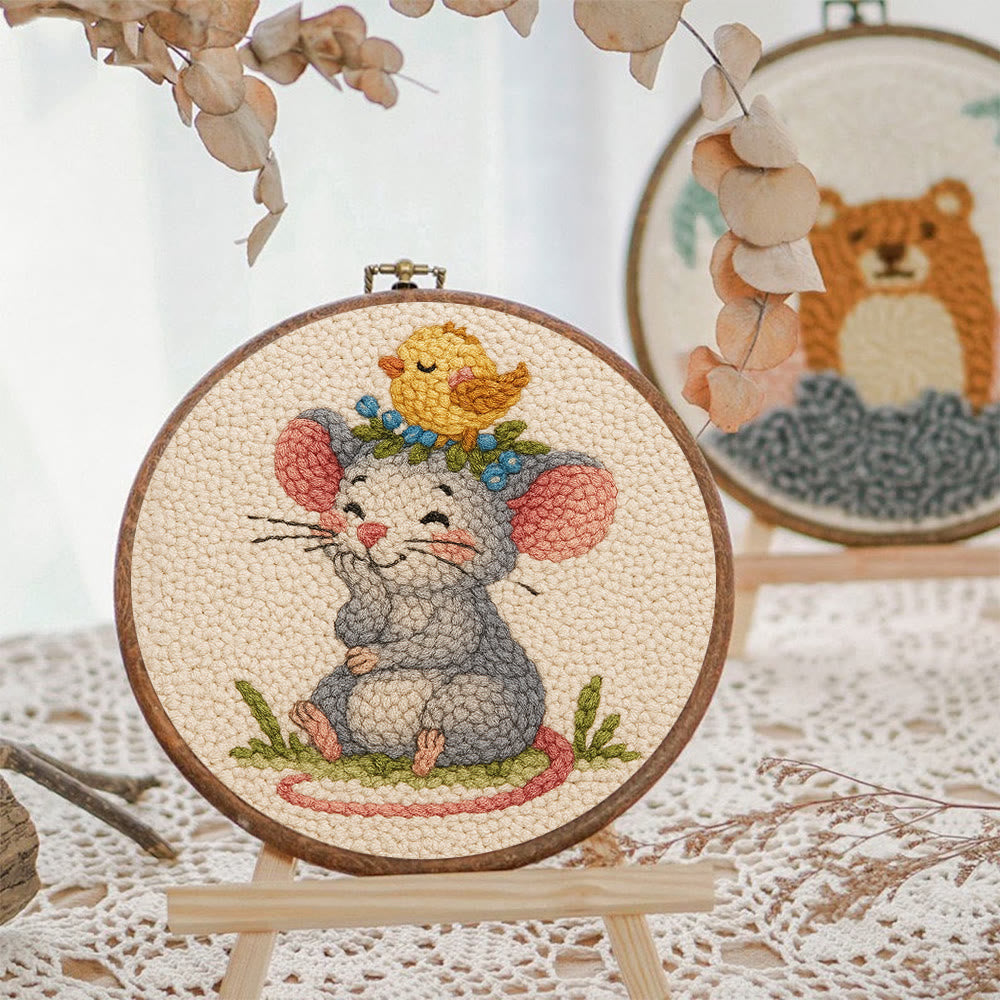 Smiling Mouse With Chick Punch Needle Kit - Adorable Animal Craft For Child | Nice Birthday Handicraft - image 8