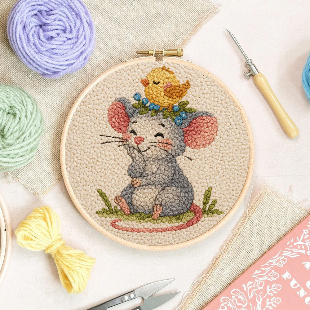 Smiling Mouse With Chick Punch Needle Kit - Adorable Animal Craft For Child | Nice Birthday Handicraft - image 9