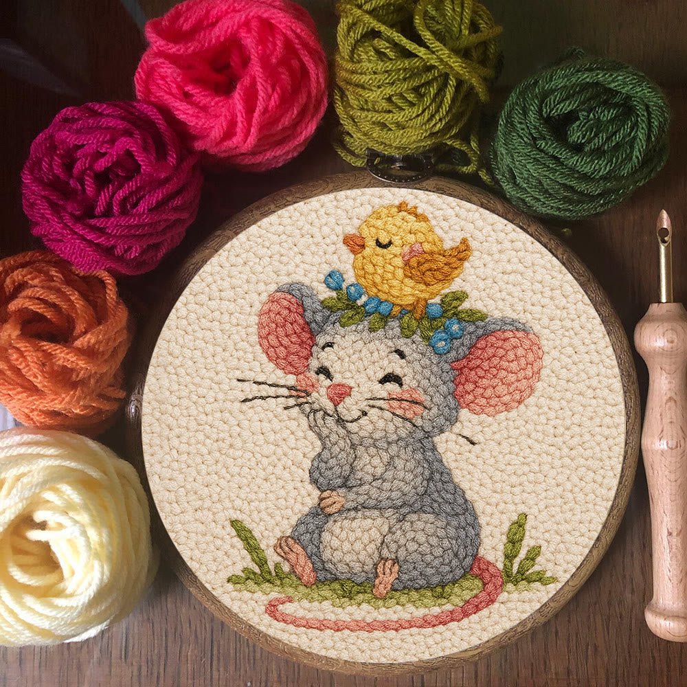 Smiling Mouse With Chick Punch Needle Kit - Adorable Animal Craft For Child | Nice Birthday Handicraft - image 6