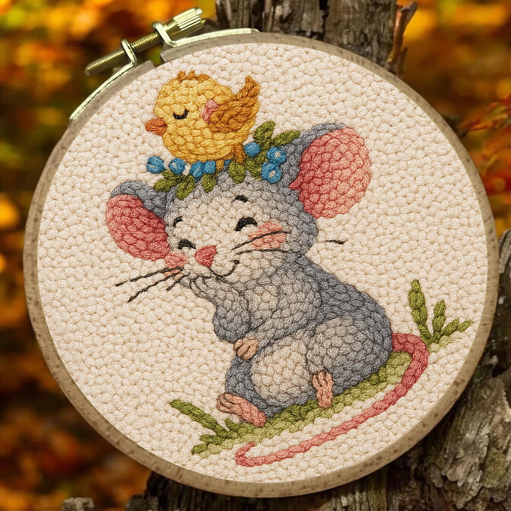 Smiling Mouse With Chick Punch Needle Kit - Adorable Animal Craft For Child | Nice Birthday Handicraft - image 1