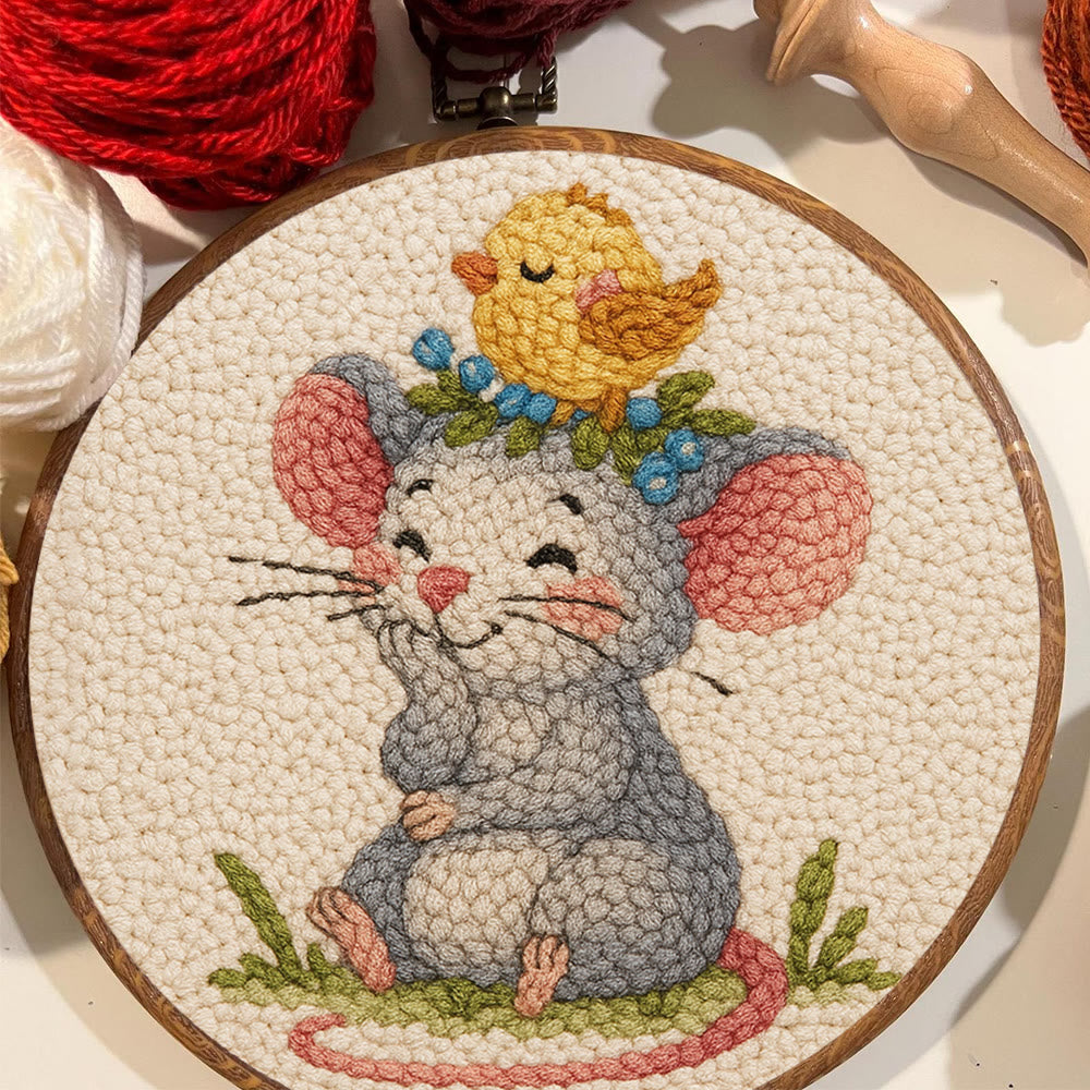 Smiling Mouse With Chick Punch Needle Kit - Adorable Animal Craft For Child | Nice Birthday Handicraft - image 2