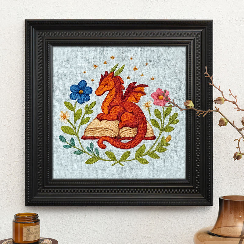 Rubbyoo Embroidery Kit - Red Dragon With Floral Books | Easy Fantasy Handicraft | Nice For Reading Lovers - Embroidery Kit Plus An Extra Frame - image 9