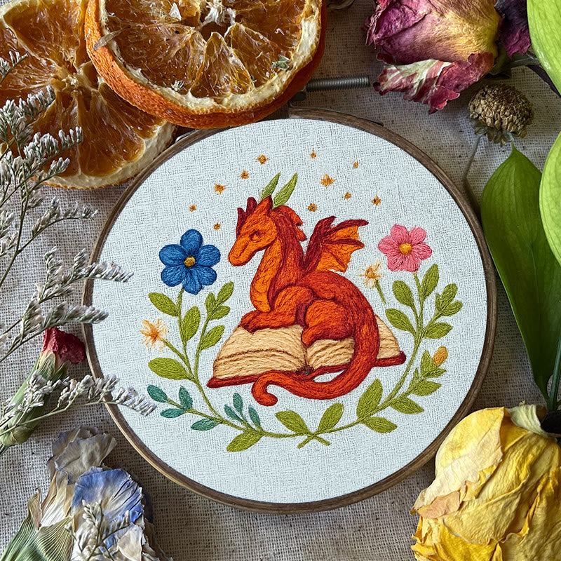 Rubbyoo Embroidery Kit - Red Dragon With Floral Books | Easy Fantasy Handicraft | Nice For Reading Lovers - image 1