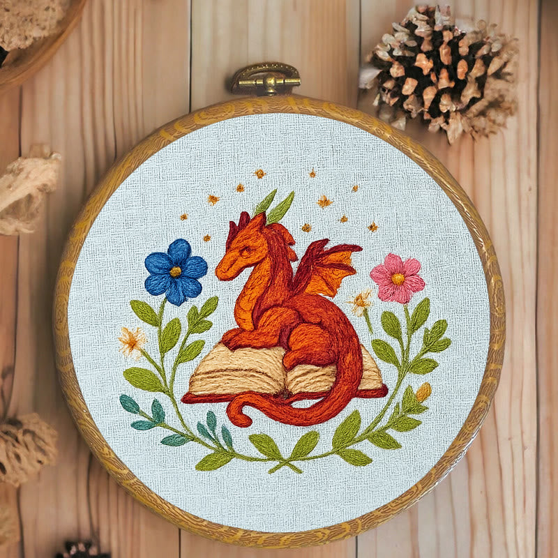 Rubbyoo Embroidery Kit - Red Dragon With Floral Books | Easy Fantasy Handicraft | Nice For Reading Lovers - image 3