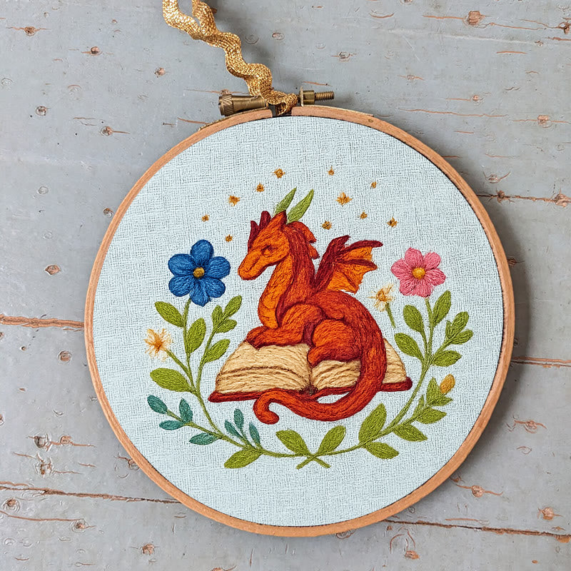 Rubbyoo Embroidery Kit - Red Dragon With Floral Books | Easy Fantasy Handicraft | Nice For Reading Lovers - image 7