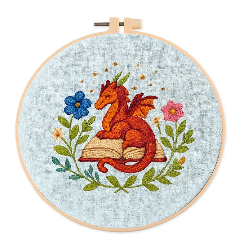 Rubbyoo Embroidery Kit - Red Dragon With Floral Books | Easy Fantasy Handicraft | Nice For Reading Lovers - 20*20cm - image 0