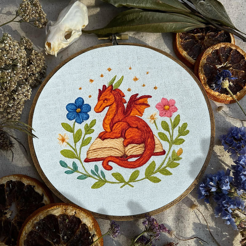 Rubbyoo Embroidery Kit - Red Dragon With Floral Books | Easy Fantasy Handicraft | Nice For Reading Lovers - image 2