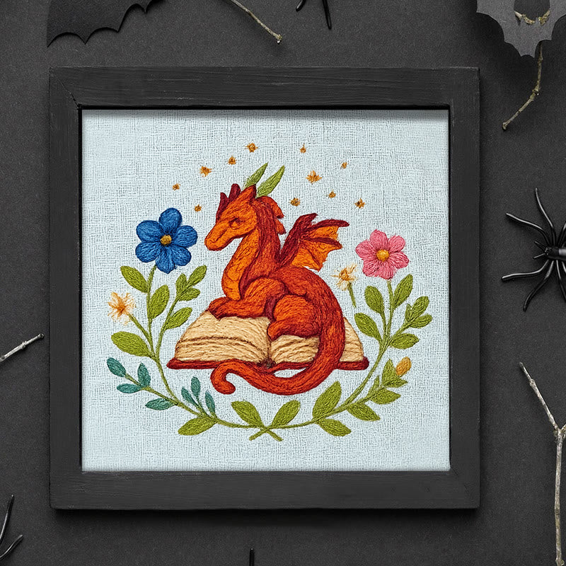 Rubbyoo Embroidery Kit - Red Dragon With Floral Books | Easy Fantasy Handicraft | Nice For Reading Lovers - image 8
