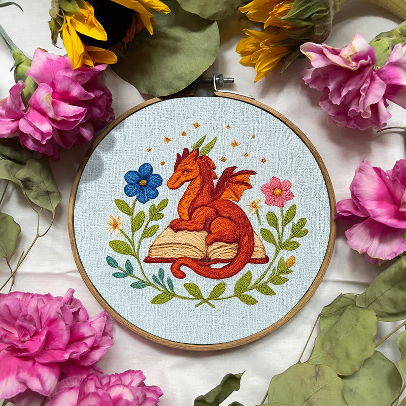 Rubbyoo Embroidery Kit - Red Dragon With Floral Books | Easy Fantasy Handicraft | Nice For Reading Lovers - image 4