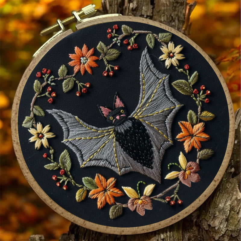 Rubbyoo Embroidery Kit - Halloween Floral Bats | Diy Halloween Crafts | Creative Wall Hanging - image 1