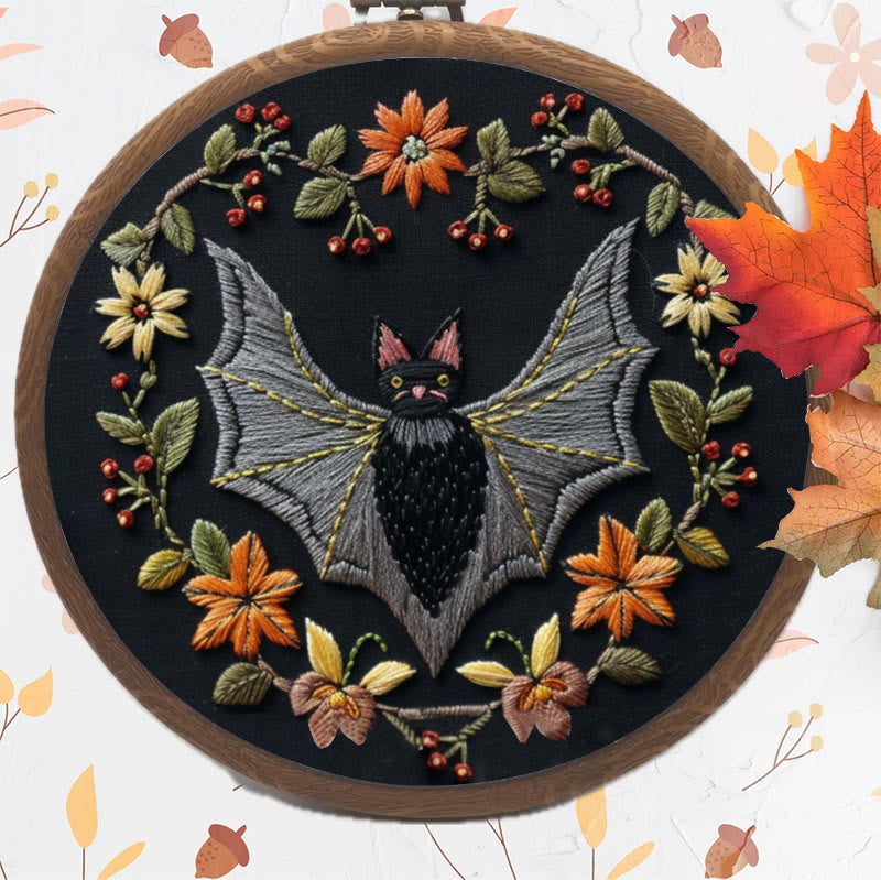 Rubbyoo Embroidery Kit - Halloween Floral Bats | Diy Halloween Crafts | Creative Wall Hanging - image 2