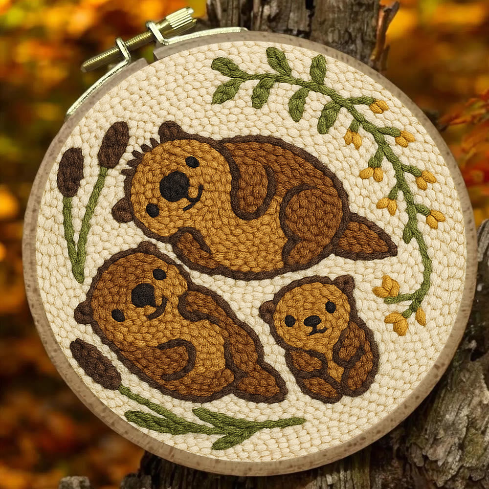 Cute Otter Family Punch Needle Kit - Diy Animal Handicraft | Nice Home Decoration - image 1