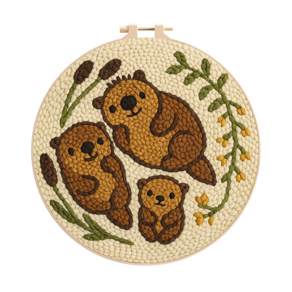 Cute Otter Family Punch Needle Kit - Diy Animal Handicraft | Nice Home Decoration - 20cm*20cm - image 0