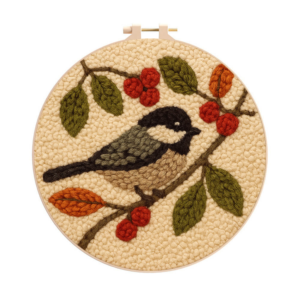Chickadee Birds Punch Needle Kit - Diy Home Ornament | Beginner Friendly Needlework - 20cm*20cm - image 0