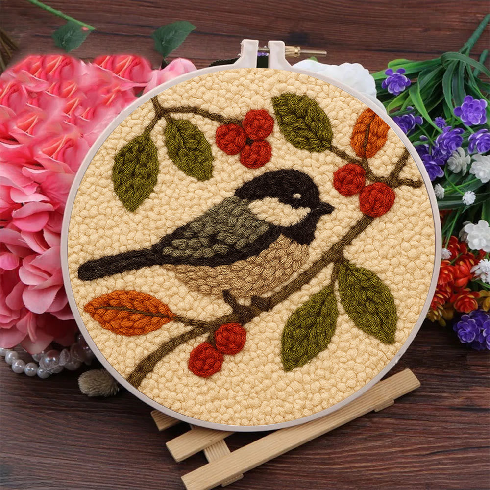 Chickadee Birds Punch Needle Kit - Diy Home Ornament | Beginner Friendly Needlework - image 1