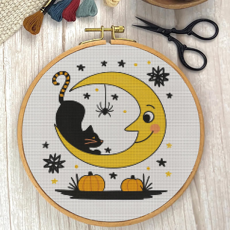  Cross Stitch Kit - Black Cat And Moon | Spooky Halloween Decor | Diy Needlework Collection - image 1