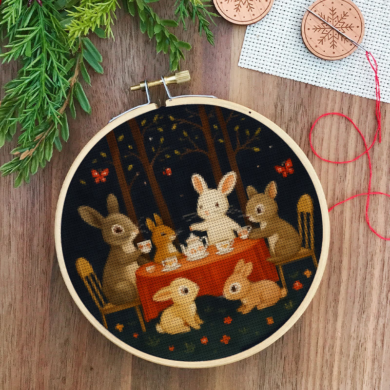  Cross Stitch Kit - Rabbit Tea Party | Diy Wall Ornament | Animal Lovers Handicraft - image 3