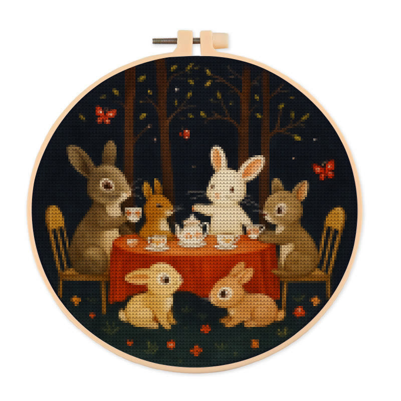  Cross Stitch Kit - Rabbit Tea Party | Diy Wall Ornament | Animal Lovers Handicraft - 20×20cm - image 0