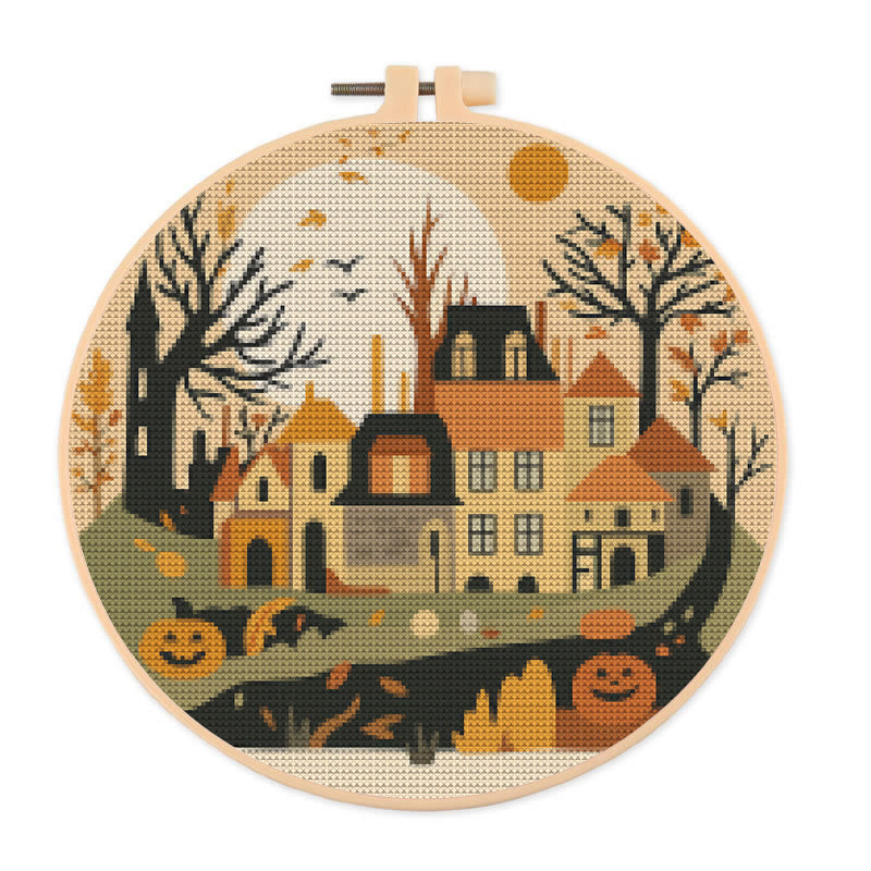  Cross Stitch Kit - Halloween Haunted House | Diy Holiday Ornament | Autumn Town Handicraft  - 20×20cm - image 0