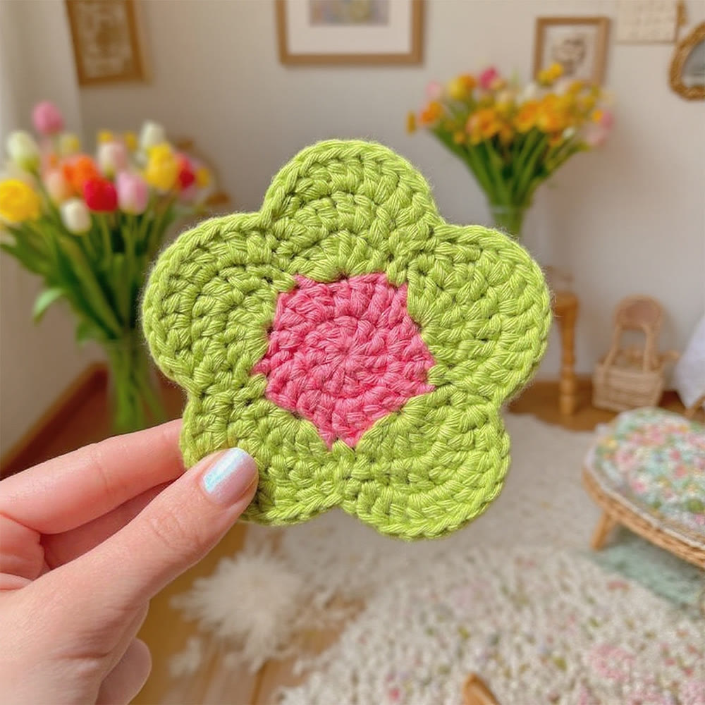 Diy Handmade Daisy Coaster Crochet Kit - Flower Pattern For Beginners | Unique Home Decor - Green - image 1