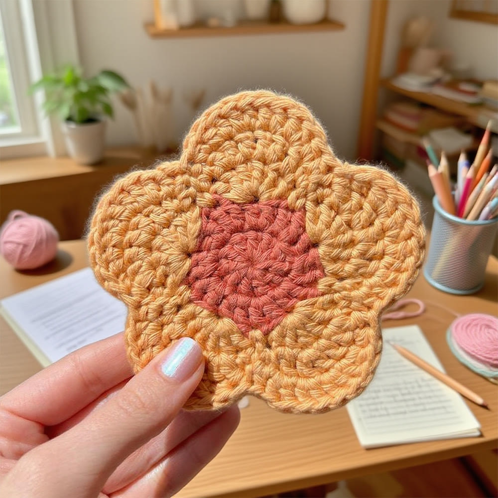 Diy Handmade Daisy Coaster Crochet Kit - Flower Pattern For Beginners | Unique Home Decor - Orange - image 2