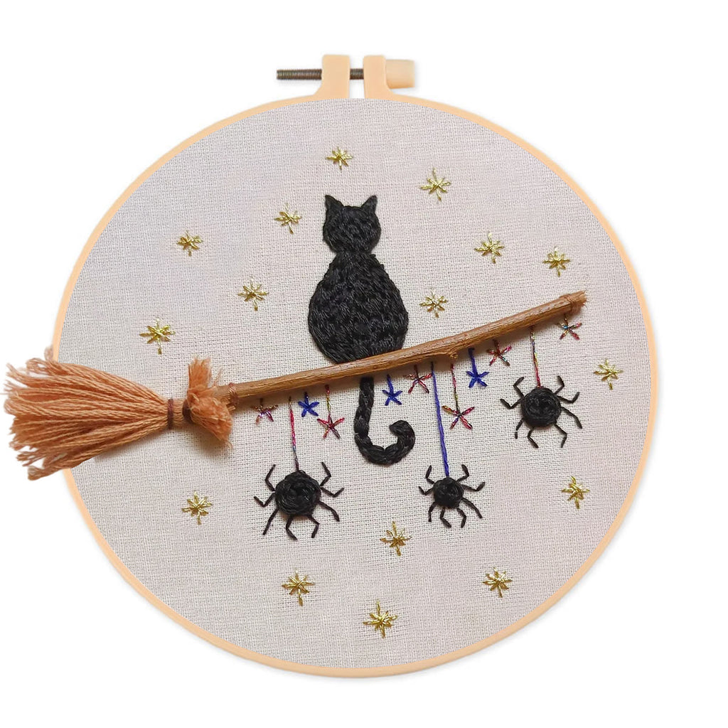 Rubbyoo Embroidery Kit - Cat Broomstick | Halloween Hanging Decorations | Creative Handmade Craft - 20*20cm - image 0