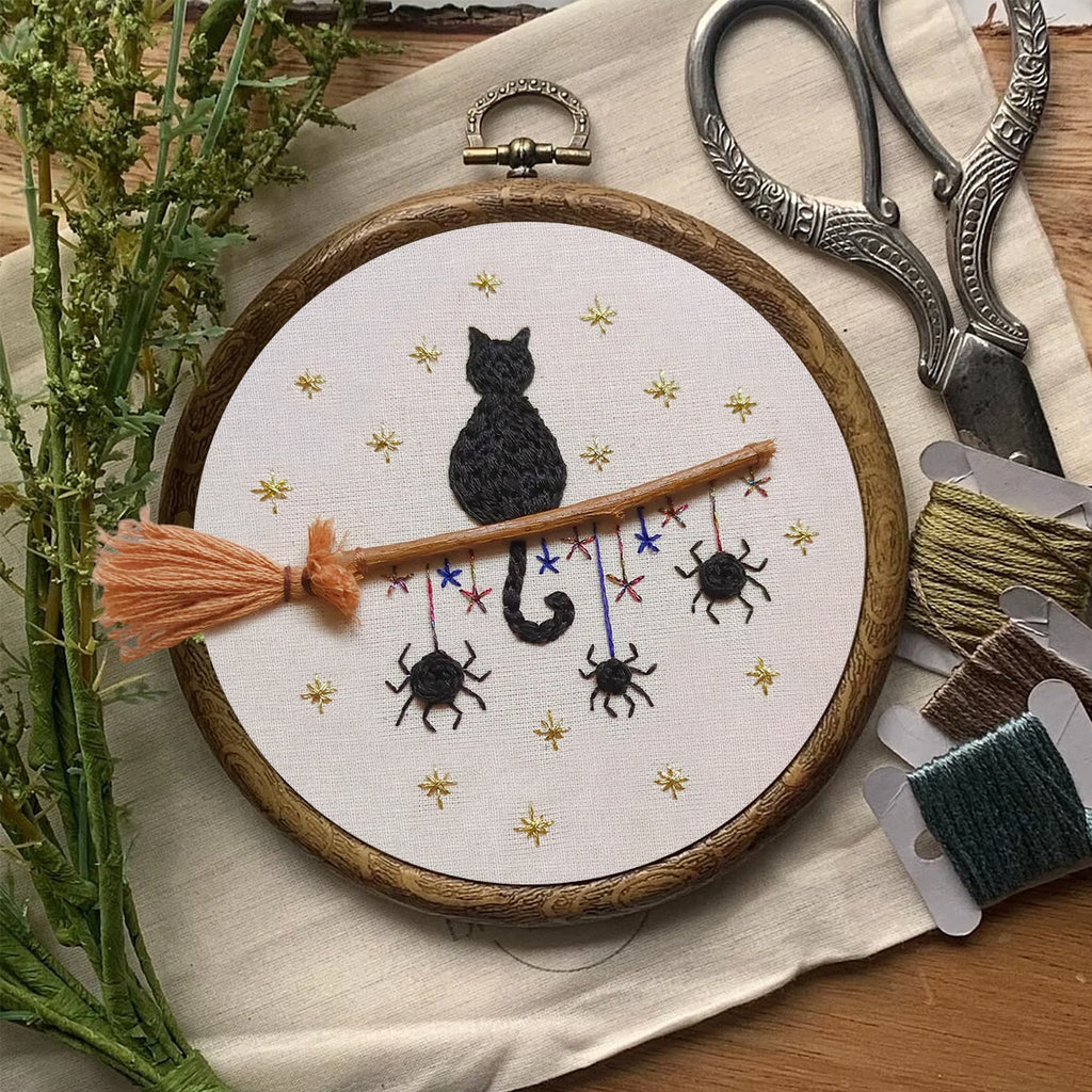 Rubbyoo Embroidery Kit - Cat Broomstick | Halloween Hanging Decorations | Creative Handmade Craft - image 1