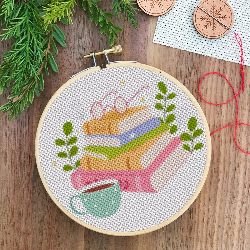  Cross Stitch Kit - Cosy Reading Time | Unique Gift For Books Lovers | Beginner Friendly Handicarft - image 1