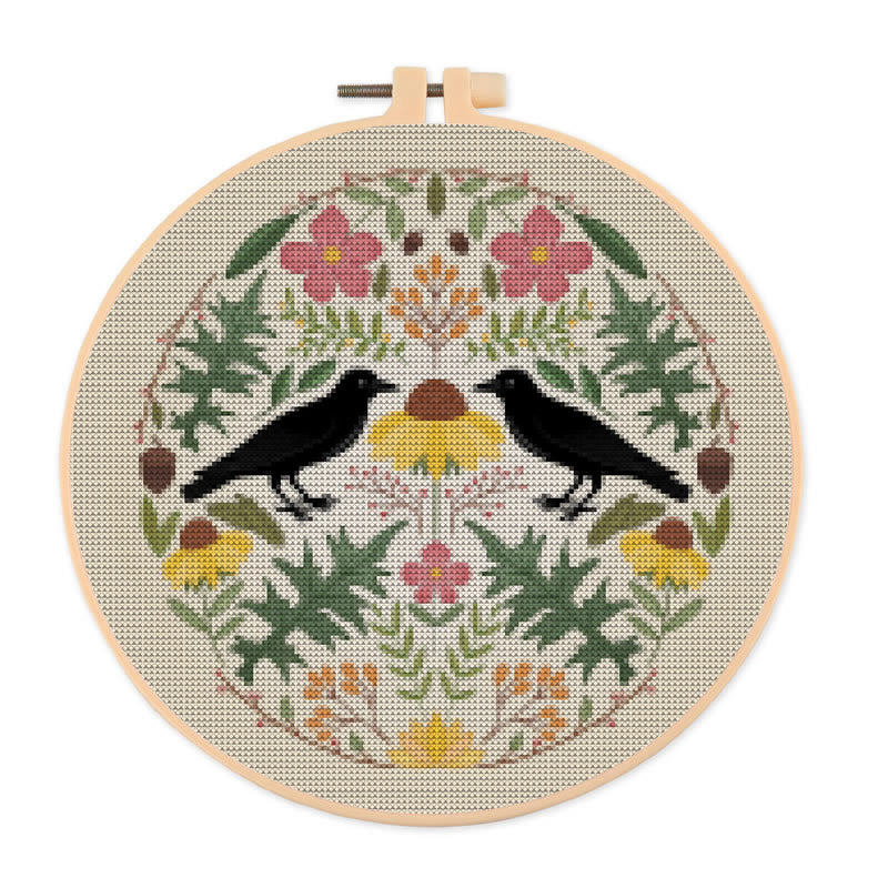  Cross Stitch Kit - Floral Ravens | Handmade Room Ornament | Diy  Needle Craft  - 20×20cm - image 0