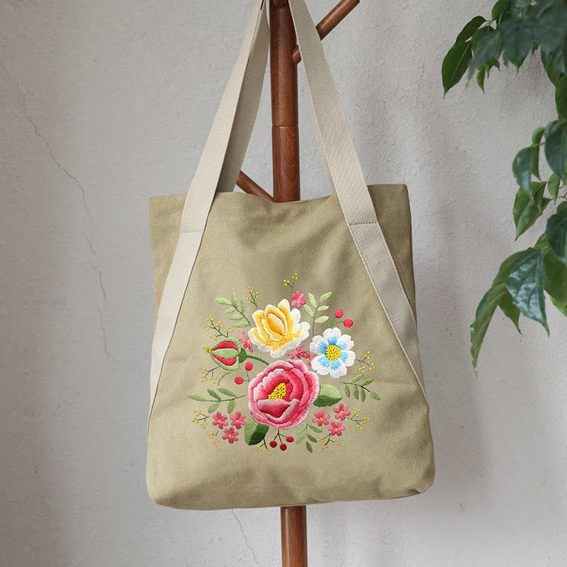 Embroidery Canvas Tote Bag Kits | Colourful Flowers Shoulder Bag | Diy Handmade Gift  - image 0