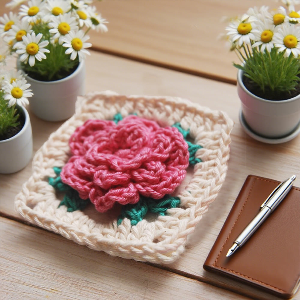 Diy Handmade Rose Granny Square Crochet Kit - 3d Floral Coasters Craft | Perfect Gifts For Crafters - image 2