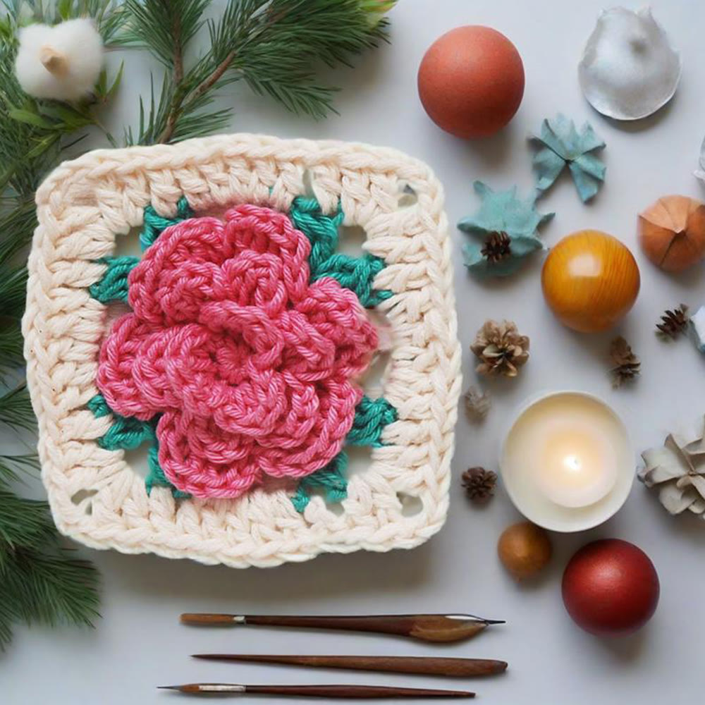 Diy Handmade Rose Granny Square Crochet Kit - 3d Floral Coasters Craft | Perfect Gifts For Crafters - image 1