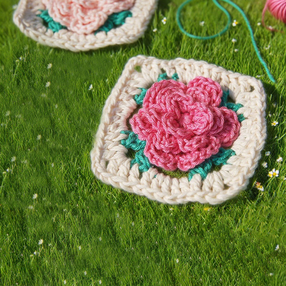 Diy Handmade Rose Granny Square Crochet Kit - 3d Floral Coasters Craft | Perfect Gifts For Crafters - image 4