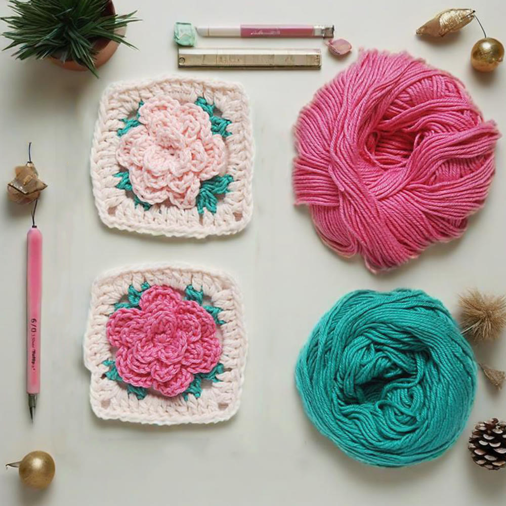 Diy Handmade Rose Granny Square Crochet Kit - 3d Floral Coasters Craft | Perfect Gifts For Crafters - image 0