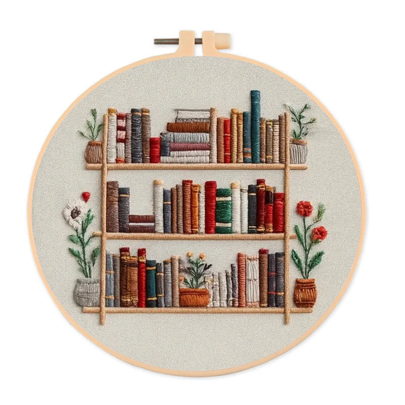 Rubbyoo Embroidery Kit - Tidy Bookshelf With Flowers | Diy Handicraft For Book Lovers | Suitable For Wall Decoration - 20*20cm - image 0