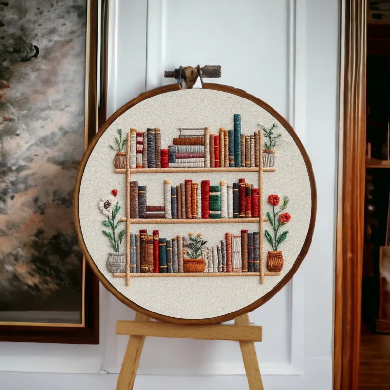 Rubbyoo Embroidery Kit - Tidy Bookshelf With Flowers | Diy Handicraft For Book Lovers | Suitable For Wall Decoration - image 4