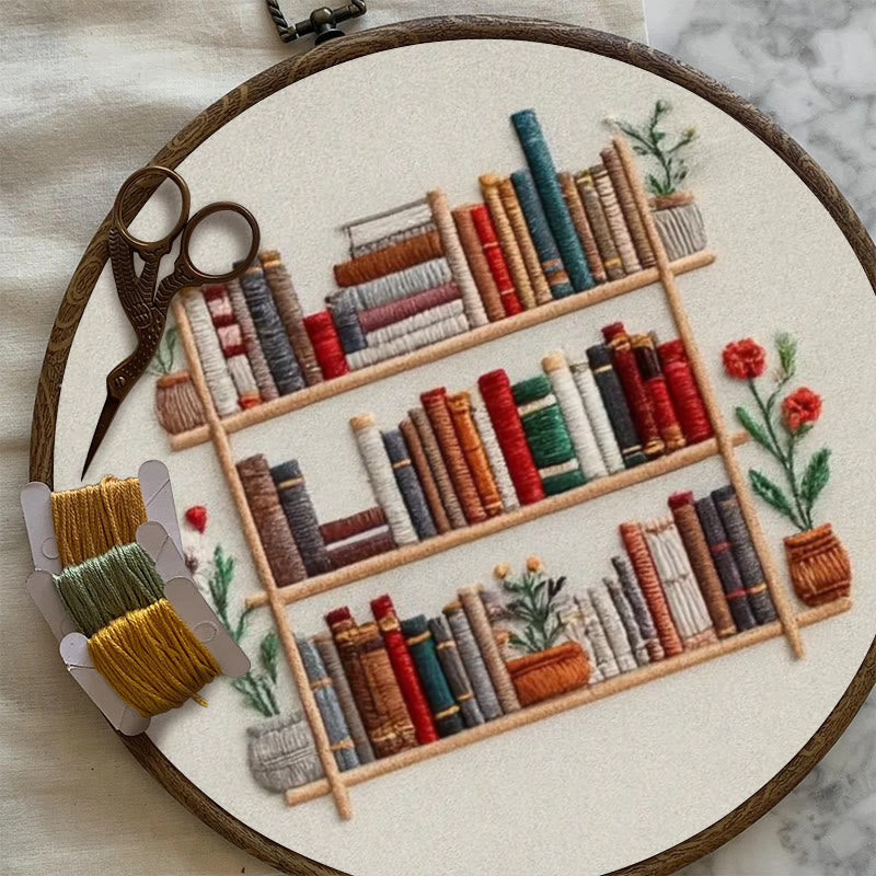 Rubbyoo Embroidery Kit - Tidy Bookshelf With Flowers | Diy Handicraft For Book Lovers | Suitable For Wall Decoration - image 1