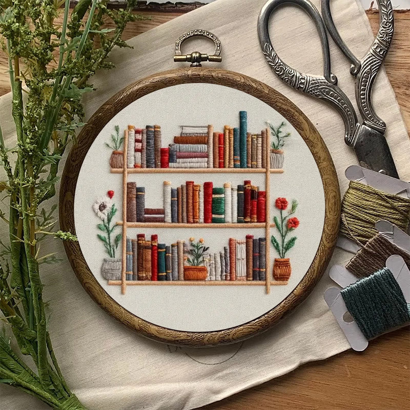 Rubbyoo Embroidery Kit - Tidy Bookshelf With Flowers | Diy Handicraft For Book Lovers | Suitable For Wall Decoration - image 2