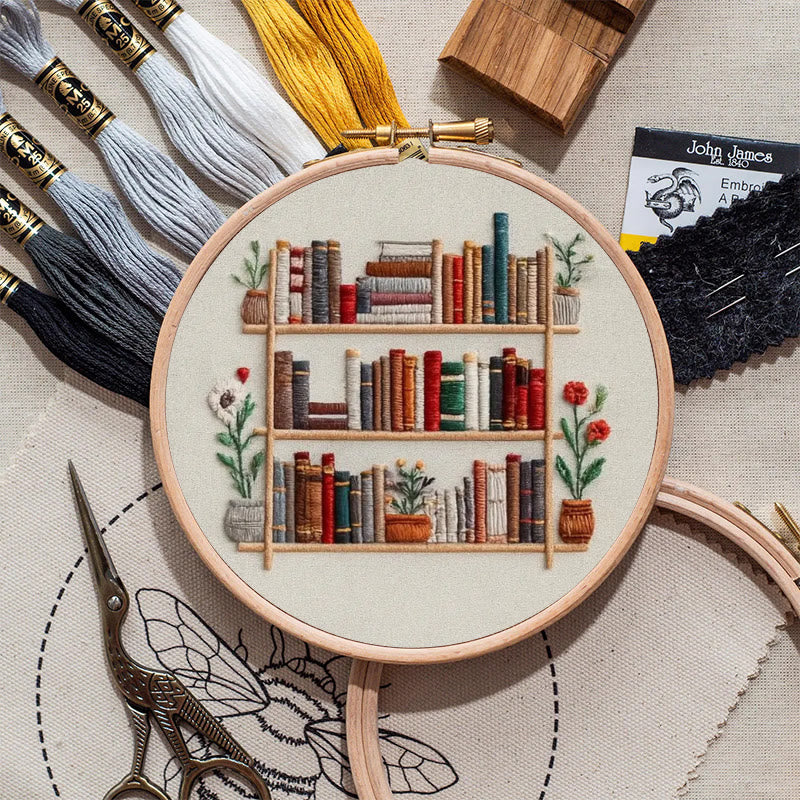 Rubbyoo Embroidery Kit - Tidy Bookshelf With Flowers | Diy Handicraft For Book Lovers | Suitable For Wall Decoration - image 3