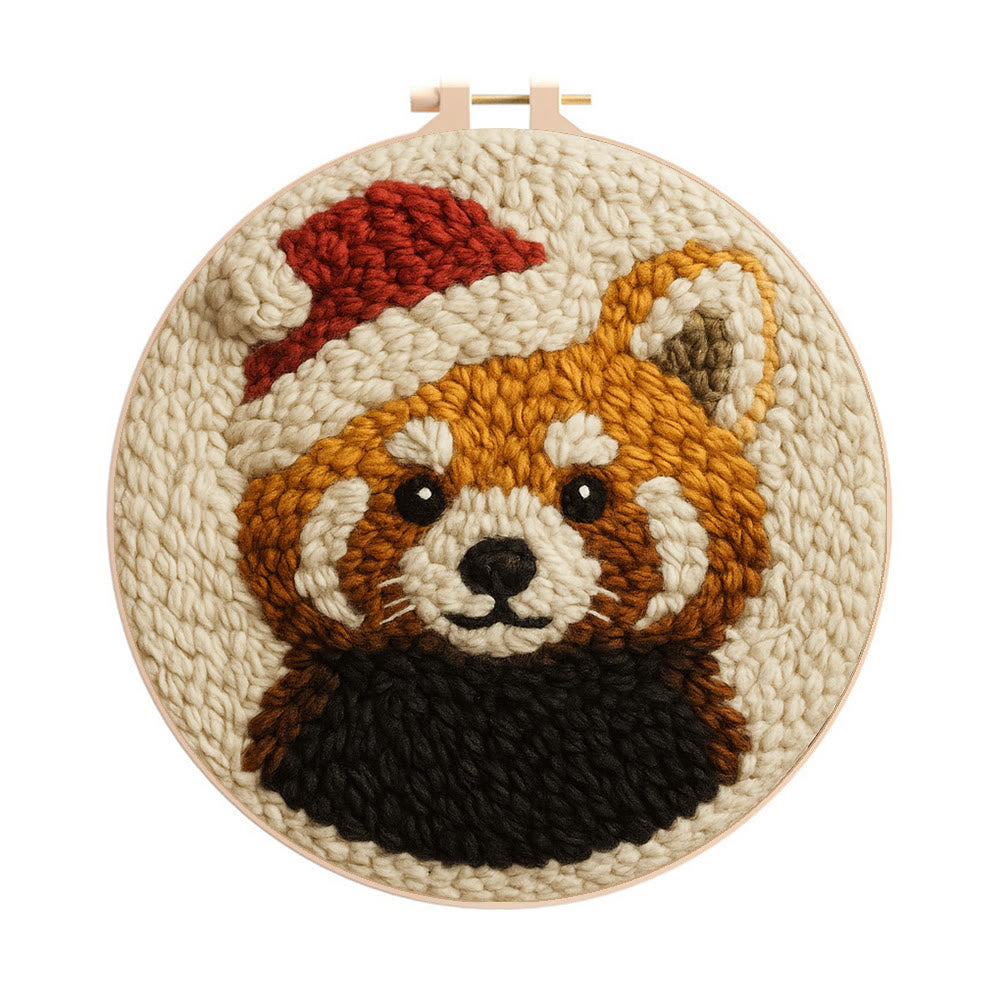  Christmas Red Panda Punch Needle Kit - Diy Punch Needle Coaster | Perfect Christmas Handicraft | Animal Tufted Coaster - 8 inch Hoop Kit - image 0