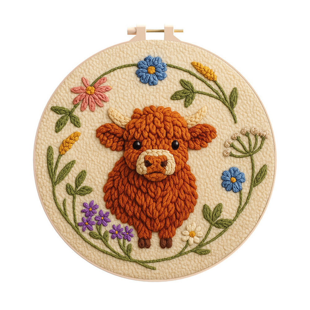 Floral Cow Punch Needle Kit - Diy Punch Needle Coaster | Adorable Animal Artcraft | Handmade Birthday Gifts  - 8 inch Hoop Kit - image 0