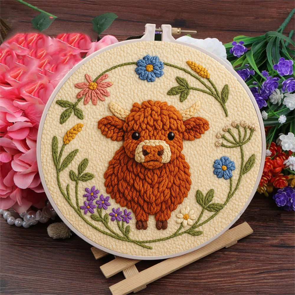 Floral Cow Punch Needle Kit - Diy Punch Needle Coaster | Adorable Animal Artcraft | Handmade Birthday Gifts  - image 1