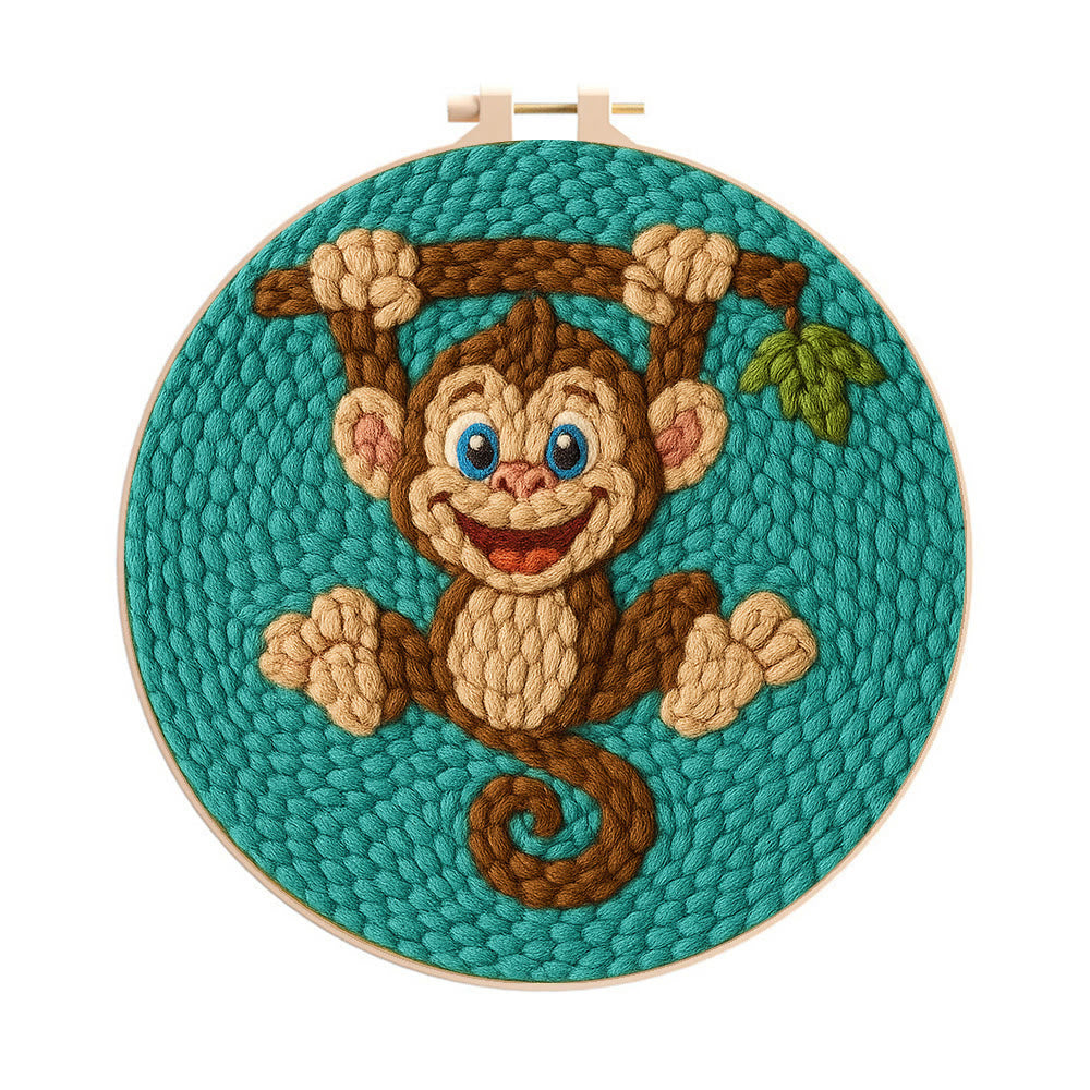 Naughty Monkey Punch Needle Kit - Diy Punch Needle Coaster | Unique Animal Needle Craft | Perfect For Home Decor - 8 inch Hoop Kit - image 0