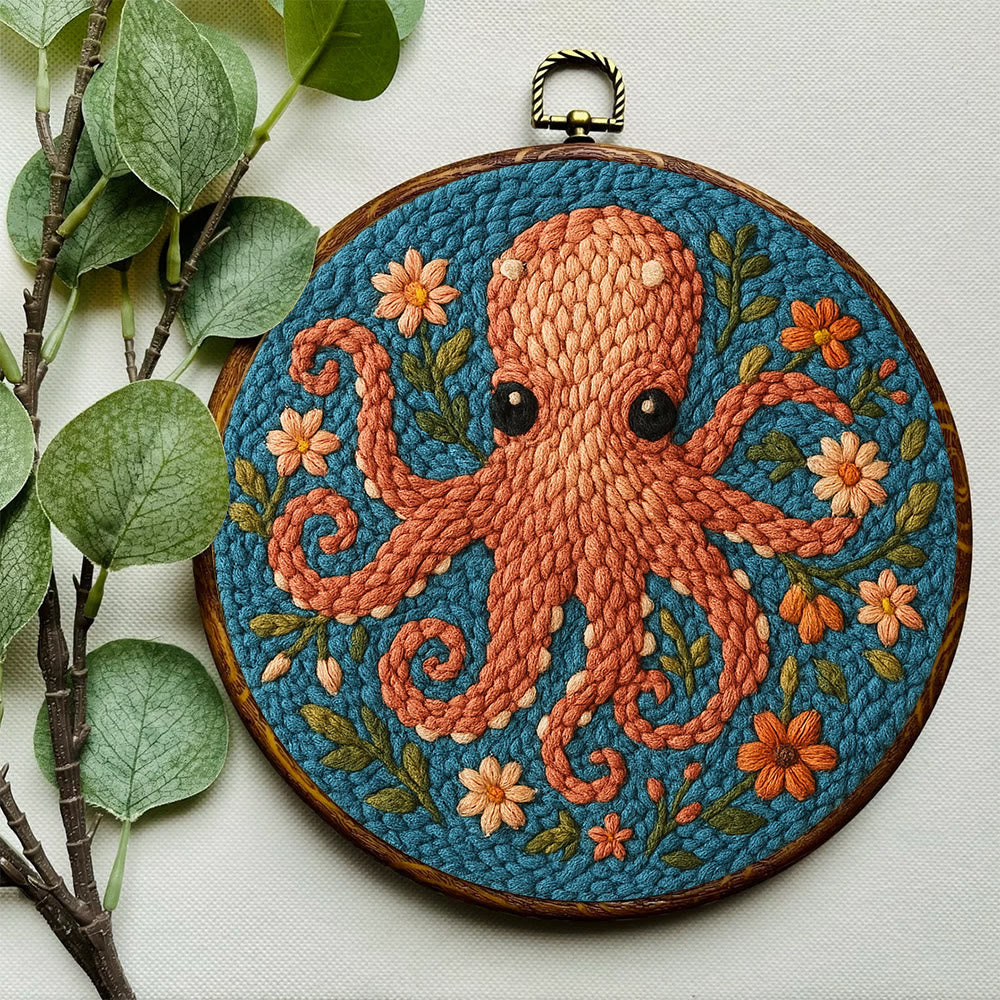 Floral Octopus Punch Needle Kit - Diy Punch Needle Coaster | Whimsical Handmade Artwork | Creative Gift For Friends - image 4
