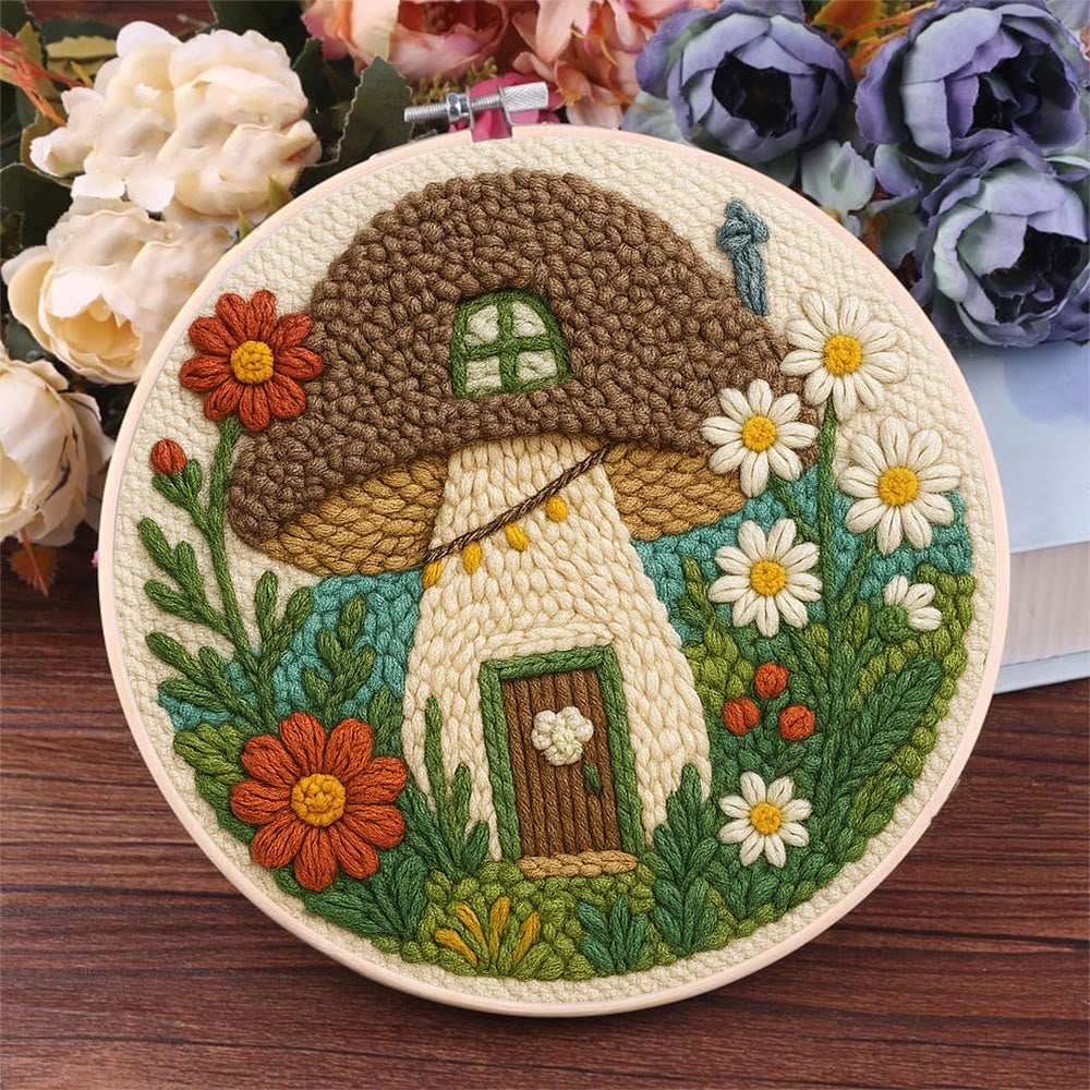 Mushroom House Punch Needle Kit - Diy Punch Needle Coaster | Handmade Floral Craft | Fantasy Needle Artwork - image 1