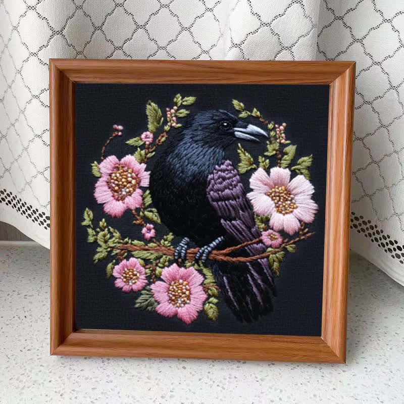 Rubbyoo Embroidery Kit - Gothic Raven With Pink Flowers | Handmake Needle Crafts  - 15*15cm - Embroidery Kit Plus An Extra Frame - image 9