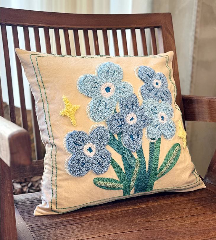 Punch Needle Pillow Kits - Diy Floral Craft | Unique Home Decoration | Perfect Gifts For Housewarming  - Blue flowers - image 1